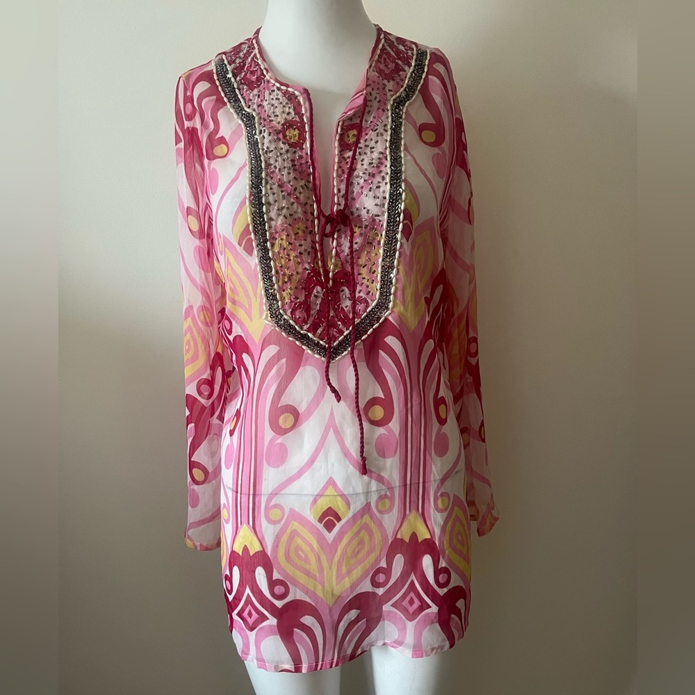 Kate & Mallory Pink Tunic with Graphic Embellishments and Mandarin Collar